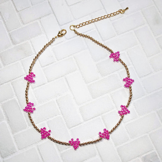 Pink and Champagne Gold Woven Heart Beaded Choker Necklace