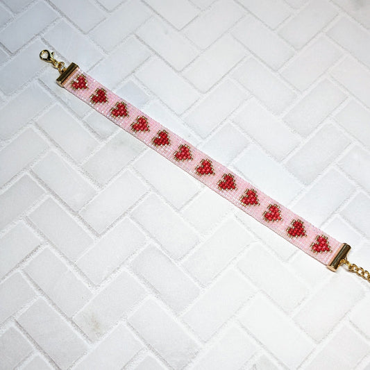 Pink Shimmer Heart Beaded Bracelet Handmade