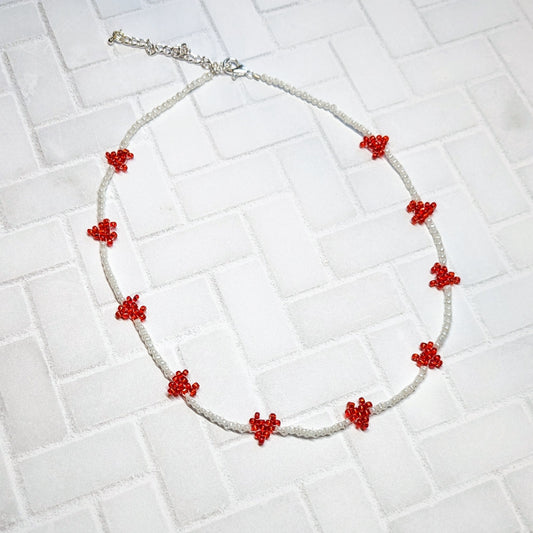 Red and White Mini Woven Heart Beaded Choker Necklace