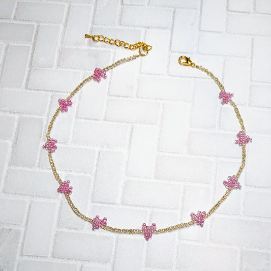 Pink & Crystal Gold Mini Woven Heart Beaded Choker Necklace