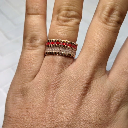 Pink, Gold, and Red Striped Woven Ring
