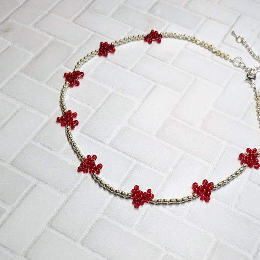 Red and Silver Woven Heart Beaded Choker Necklace