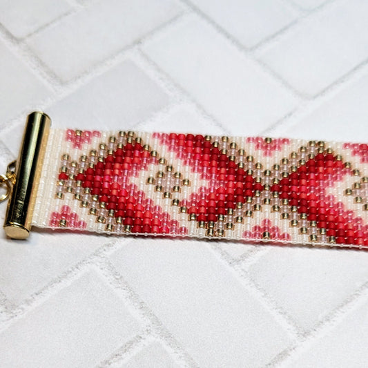 Valentine's Day Pink Pattern Woven Bead Bracelet Cuff Handmade